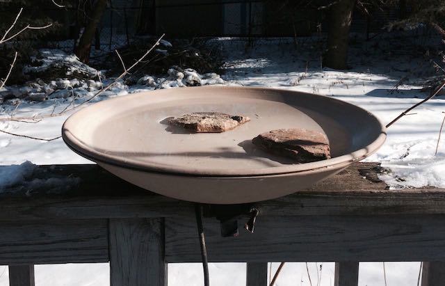 bird bath in winter with stone perches, bird bath, winter bird feeding, heated bird bath